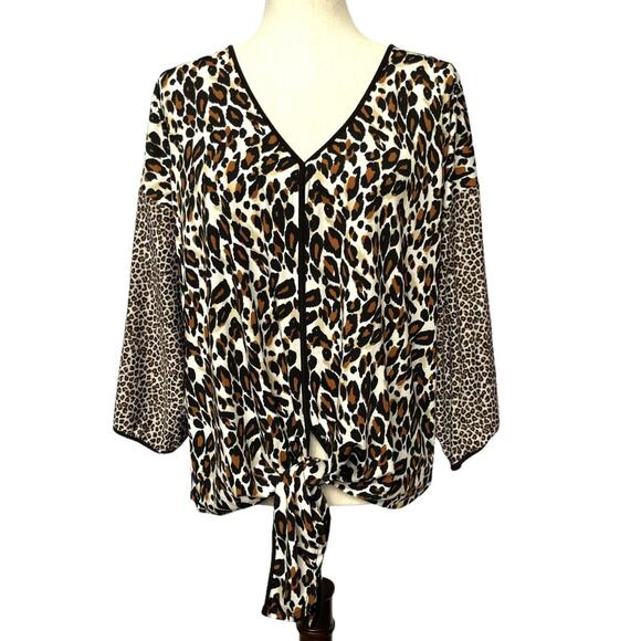 Chenault Top Blouse Leopard Animal Print V-Neck‎ Waist Tie Women's Size L - Picture 1 of 12